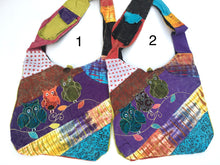 Load image into Gallery viewer, Owl Patchwork Bag - 3 Patch Owls on Patchwork & Razor Cut Tie Dye - Sling Hobo Bag w/ Zipper Top Phone Pocket on Strap 11x14” Purse