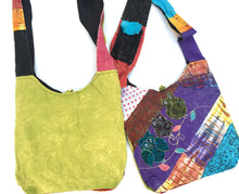 Load image into Gallery viewer, Owl Patchwork Bag - 3 Patch Owls on Patchwork & Razor Cut Tie Dye - Sling Hobo Bag w/ Zipper Top Phone Pocket on Strap 11x14” Purse