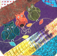 Load image into Gallery viewer, Owl Patchwork Bag - 3 Patch Owls on Patchwork & Razor Cut Tie Dye - Sling Hobo Bag w/ Zipper Top Phone Pocket on Strap 11x14” Purse