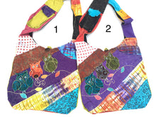 Load image into Gallery viewer, Owl Patchwork Bag - 3 Patch Owls on Patchwork & Razor Cut Tie Dye - Sling Hobo Bag w/ Zipper Top Phone Pocket on Strap 11x14” Purse