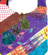 Load image into Gallery viewer, Owl Patchwork Bag - 3 Patch Owls on Patchwork & Razor Cut Tie Dye - Sling Hobo Bag w/ Zipper Top Phone Pocket on Strap 11x14” Purse