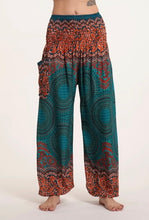 Load image into Gallery viewer, Yoga Thai Harem Pants - Geometric Mandala In Teal Green - One Size - Elastic Waist and Ankles - Pocket