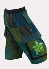 Patchwork Cargo Shorts -  Large - 34 - Terrapin Turtle  - Cord & Cotton - Free Shipping - Elastic & Drawstring