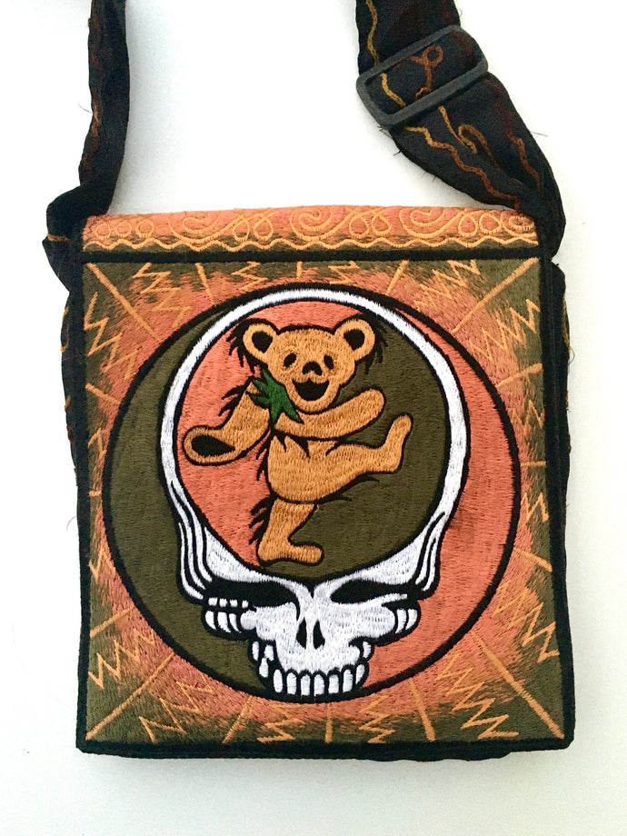 Grateful Dead Bag - Steal Your Face W/ Orange Jerry Bear -Embroidered Front  Adj Strap- Dancing Bear Purse -Zip Pocket Inside