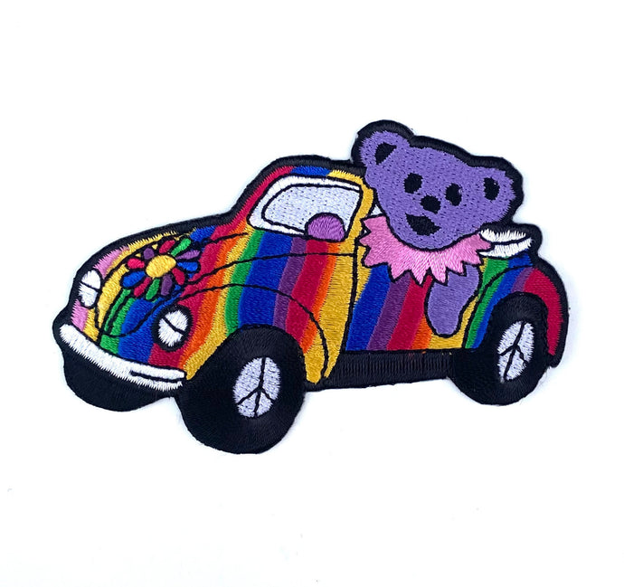 Grateful Dead Bear Patch -  Dancing Bear in Rainbow Car - Peace Sign Wheels - Hippie Flower on Hood - Patches