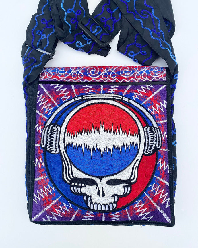 Grateful Dead Bag - Steal Your Face /  Soundwave -Embroidered Front 8x8x2”  Adj Strap- Dancing Bear Purse GDP Licensed