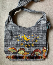 Load image into Gallery viewer, Moon and Mushroom Bag -Fully Lined - Strap Pocket- Secret Pocket - Mushrooms and Moon Purse - Ikat Guatemala Fabric
