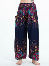 Load image into Gallery viewer, Flower Thai Yoga Harem Pants - One Size - Dark Blue W/ Flower Design - Elastic Top and Ankles - Side Pocket
