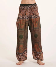 Load image into Gallery viewer, Thai Harem Yoga Pants - Geometric Mandala In Olive - One Size - Elastic Waist and Ankles - Pocket
