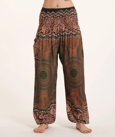 Thai Harem Yoga Pants - Geometric Mandala In Olive - One Size - Elastic Waist and Ankles - Pocket