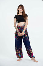 Load image into Gallery viewer, Flower Thai Yoga Harem Pants - One Size - Dark Blue W/ Flower Design - Elastic Top and Ankles - Side Pocket
