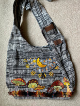 Load image into Gallery viewer, Moon and Mushroom Bag -Fully Lined - Strap Pocket- Secret Pocket - Mushrooms and Moon Purse - Ikat Guatemala Fabric
