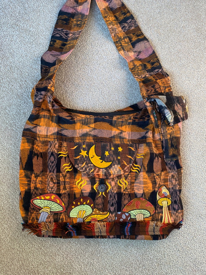 Moon and Mushroom Bag -Fully Lined - Strap Pocket- Secret Pocket - Mushrooms and Moon Purse - Ikat Guatemala Fabric