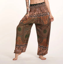 Load image into Gallery viewer, Thai Harem Yoga Pants - Geometric Mandala In Olive - One Size - Elastic Waist and Ankles - Pocket
