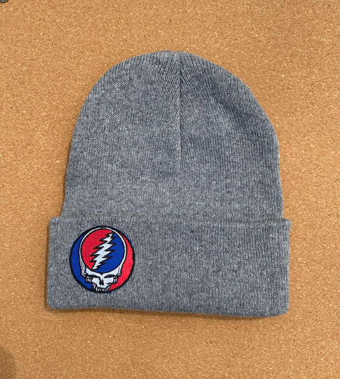 Grateful Dead Hat - Beanie Steal Your Face Patch - Grey One size - Winter Hat Stocking Cap Hats